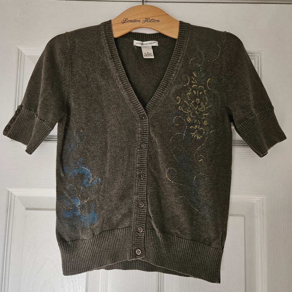 Reference Point Women's Green Button Up Short Sleeve Cardigan Sweater Size Small